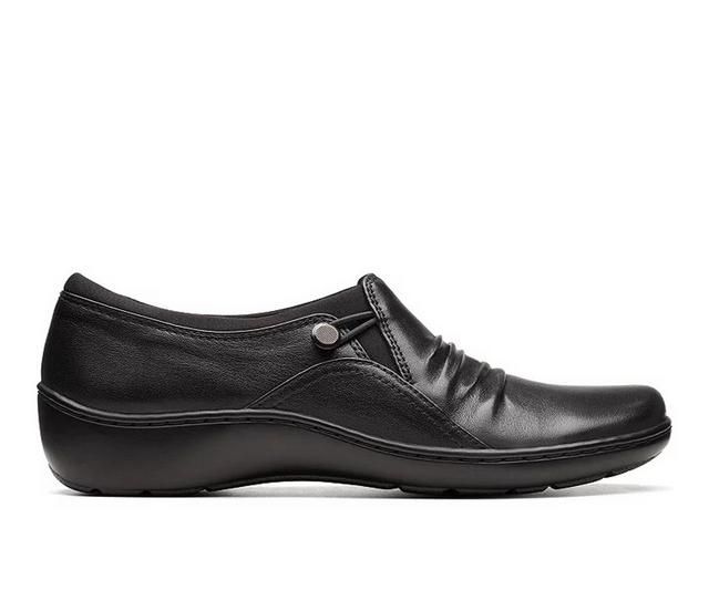 Women's Clarks Cora Dusk Slip On Shoes in Black Leather color