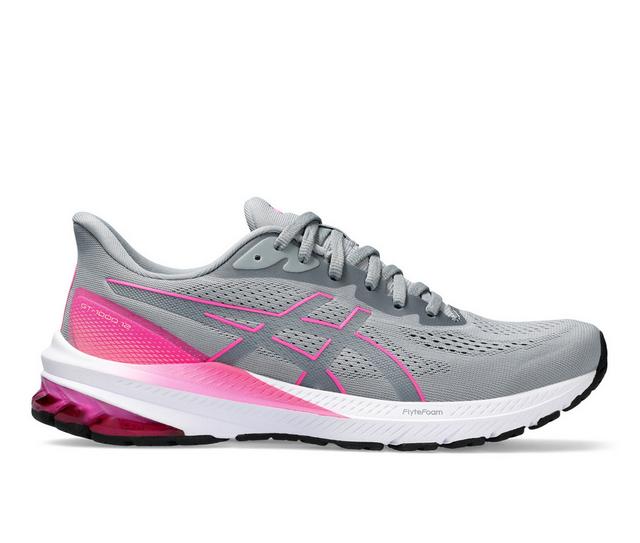 Women's ASICS GT-1000 12 Running Shoes in ROCK/HOT PINK color