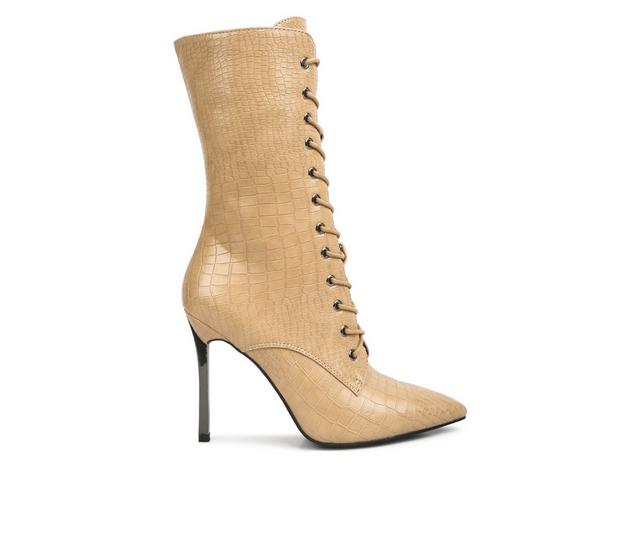 Women's London Rag Knocturn Mid Calf Lace Up Heeled Boots in Beige color