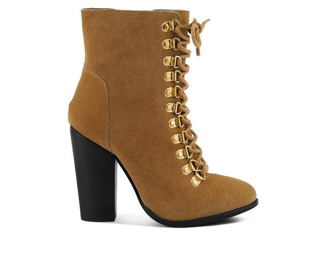 Women's Rag & Co Goose Lace Up Heeled Booties in Tan color