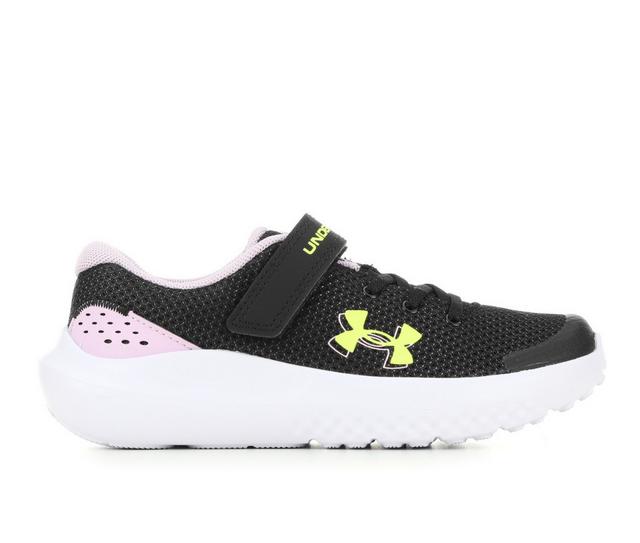 Girls' Under Armour Little Kid Surge 4 Running Shoes in Blk/Purp/Yellow color