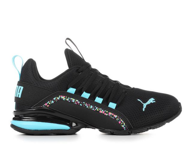 Girls' Puma Axelion Mesh Neon Nite Girls 4-7 Running Shoes in Blk/Blu/Print color