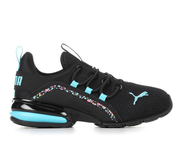 Girls' Puma Axelion Mesh Neon Nite Girls 10.5-3.5 Running Shoes in Blk/Blu/Print color