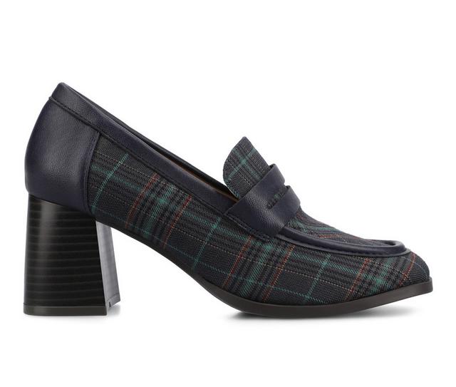 Women's Journee Collection Malleah Block Heel Loafers in Navy Plaid color