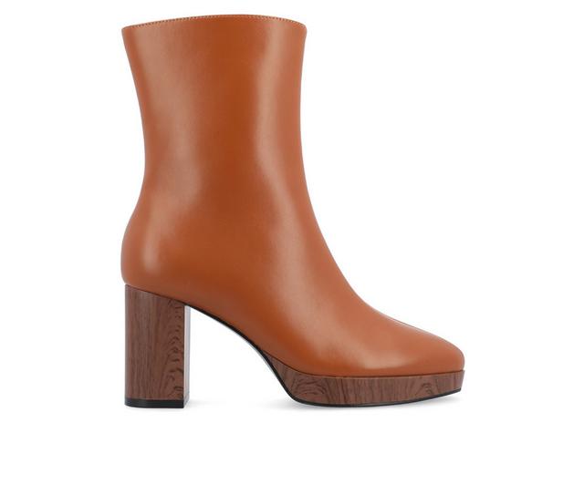 Women's Journee Collection Romer Block Heeled Platform Booties in Cognac color