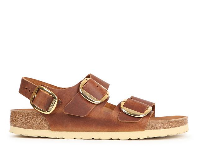 Women's Birkenstock Milano Big Buckle Footbed Sandals in Cognac color