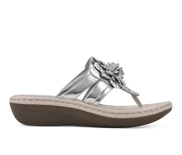 Women's Cliffs by White Mountain Cassia Low Wedge Flip-Flops in Silver color