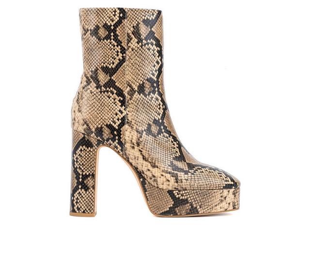 Women's New York and Company Raylyn Platform Heeled Booties in Natural Snake color