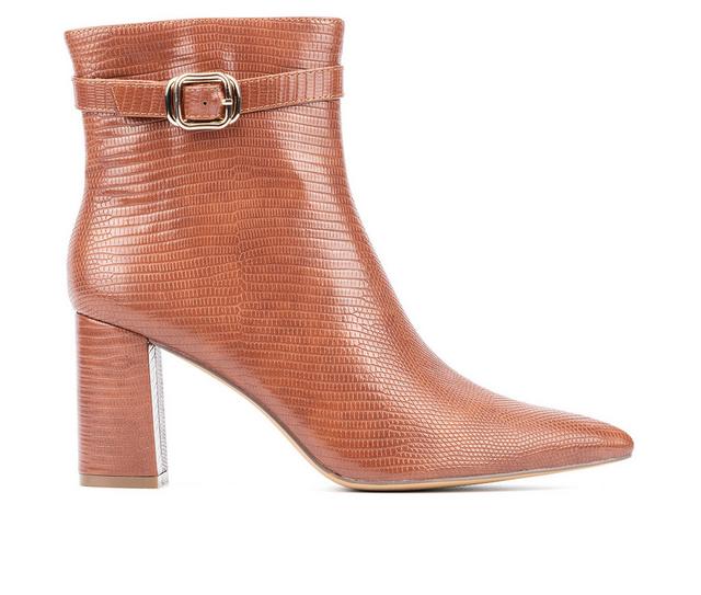 Women's New York and Company Edena Heeled Booties in Cognac Lizard color