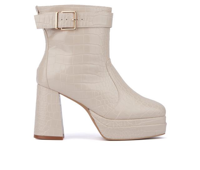 Women's Fashion to Figure Mari Platform Platform Heeled Booties in Bone Croc W color