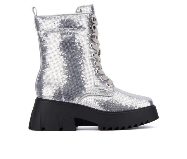 Women's Fashion to Figure Odessa Sequin Combat Booties in Silver Wide color