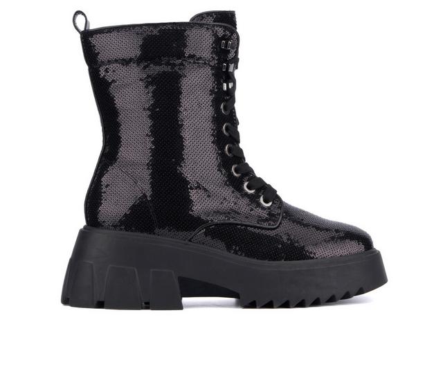 Women's Fashion to Figure Odessa Sequin Combat Booties in Black Wide color