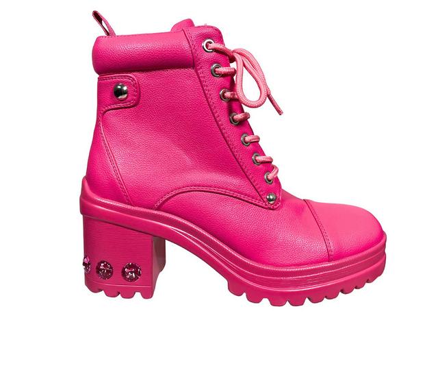 Women's Ninety Union Thunder Heeled Combat Boots in Fuschia color