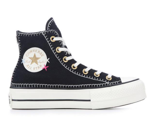 Women's Converse Chuck Taylor All Star Stitch Lift Mid Sneakers in Blk/Egret/Gold color