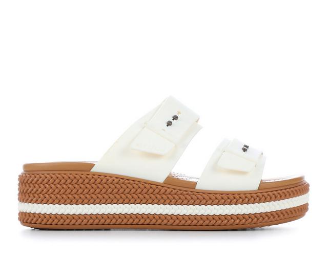 Women's Crocs Brooklyn Woven Buckle Wedge Sandals in Chalk Woven color