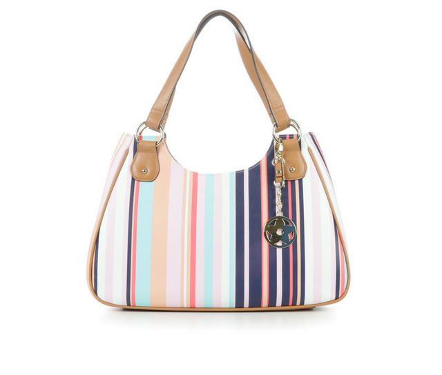 Bueno Of California 2 Tone PVC Print Handbag in Vert Mlt Stripe color