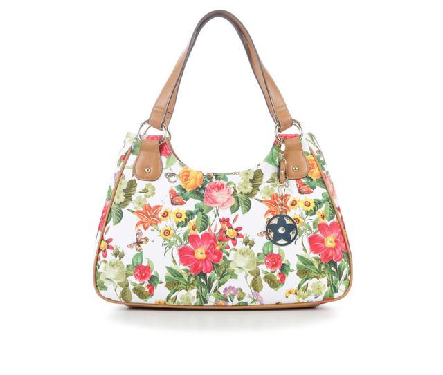 Bueno Of California 2 Tone PVC Print Handbag in Butterfly Flowe color