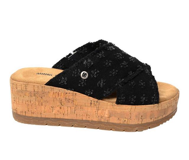 Women's Minnetonka Posey Crossband Wedge Sandals in Black Denim color