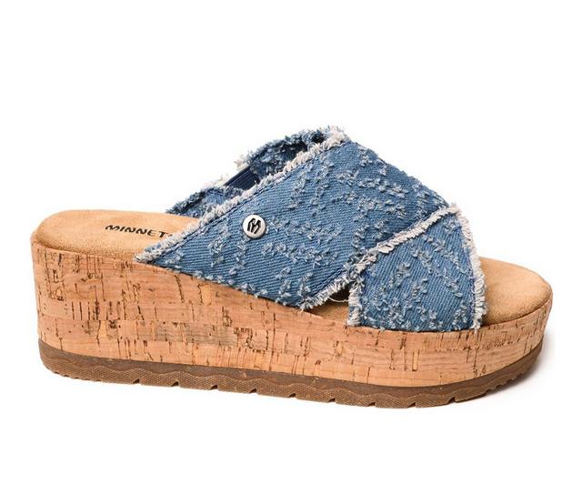 Women's Minnetonka Posey Crossband Wedge Sandals in Blue Denim color