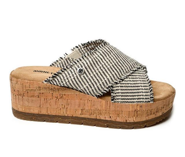 Women's Minnetonka Posey Crossband Wedge Sandals in Black/Natural color