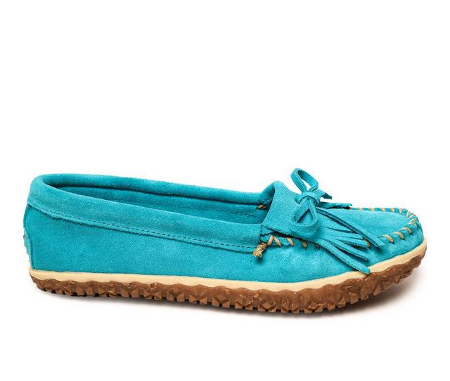 Women's Minnetonka Kilty Tread Moccasins in Turquoise color