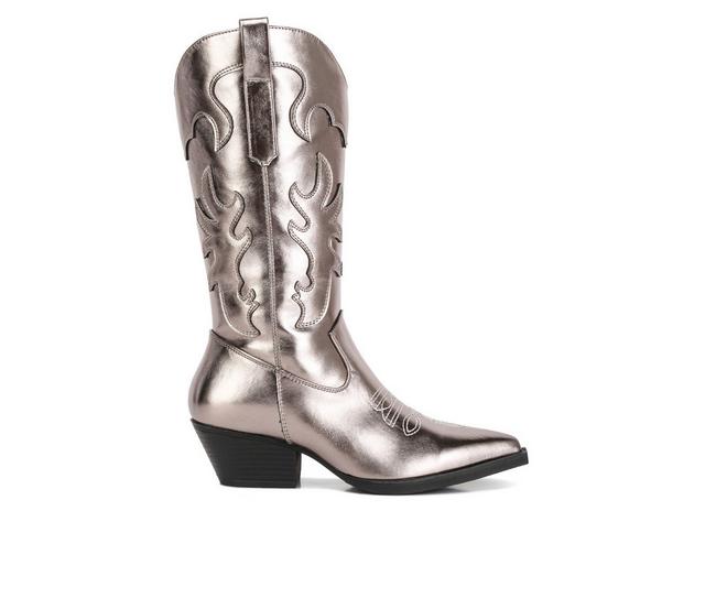 Women's London Rag Cowboy Metallic Western Boots in Pewter color