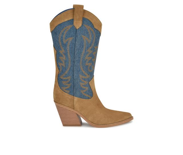 Women's Nine West Keeks Cowboy Boots in Caramel/Denim color
