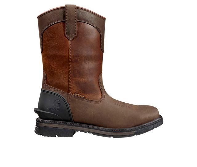 Men's Carhartt Montana Water Resistant 11" Steel Toe Wellington Work Boots in Dark Choc/Rd Br color