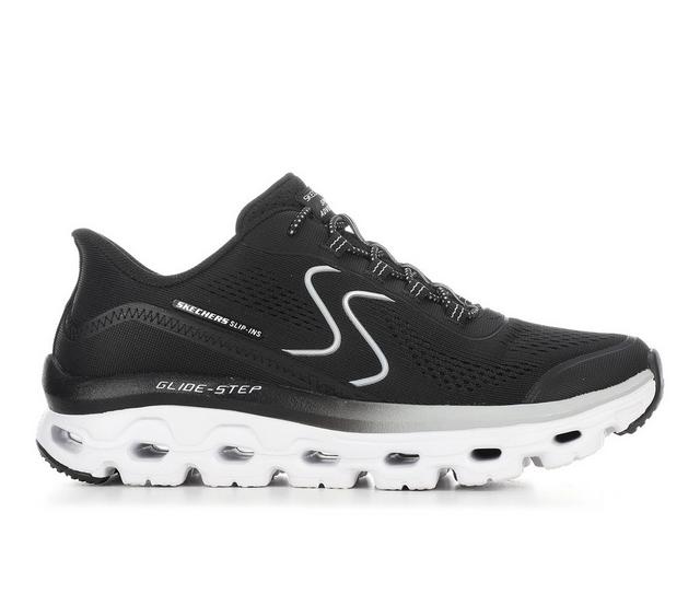 Women's Skechers 180272 Glide Step Slip in Running Shoes in Black/White color