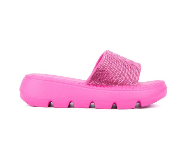 Women's Olivia Miller Glitter Gaze Platform Slide Sandals in Fuchsia color