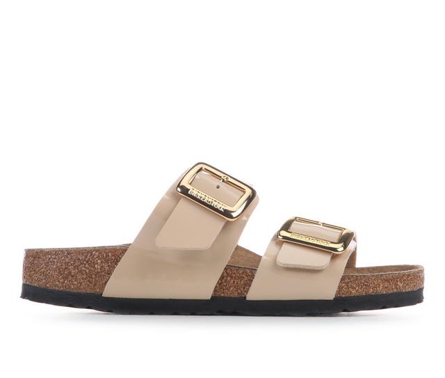 Women's Birkenstock Sydney Luxe Buckle Footbed Sandals in Sand Patent color