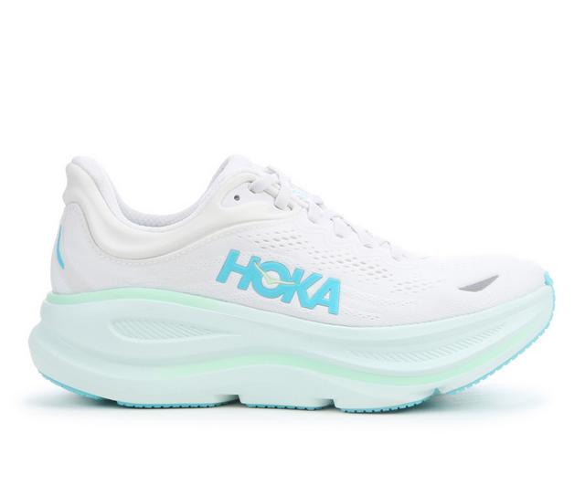 Women's Hoka Bondi 9 Running Shoes in Frost/Blue color