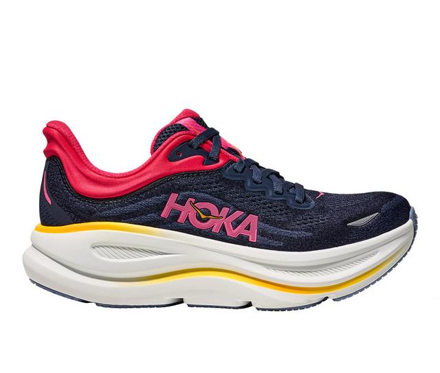 Women's Hoka Bondi 9 Running Shoes in Navy/Pink color