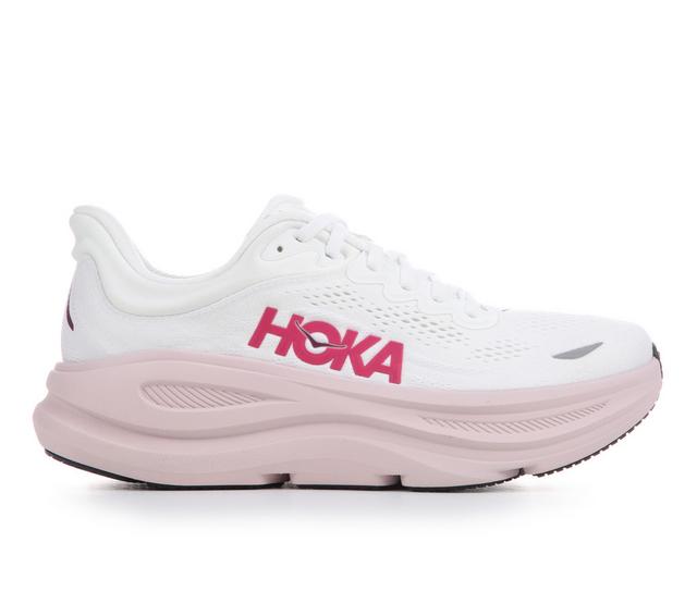 Women's Hoka Bondi 9 Running Shoes in White/Pink B color