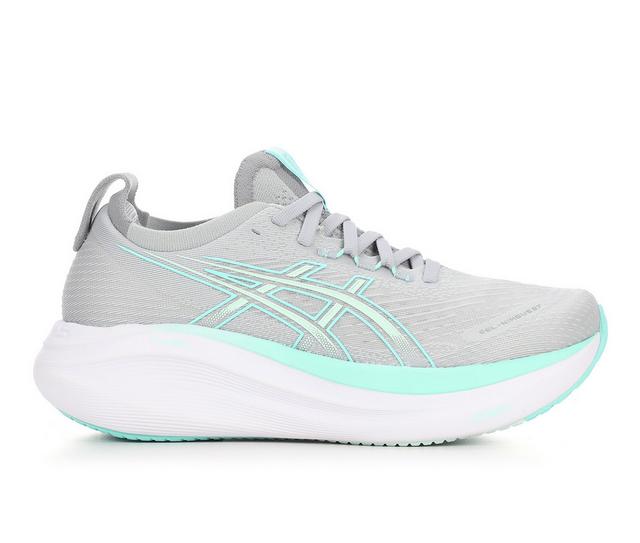 Women's ASICS Gel Nimbus 27 Running Shoes in Grey/Mint color