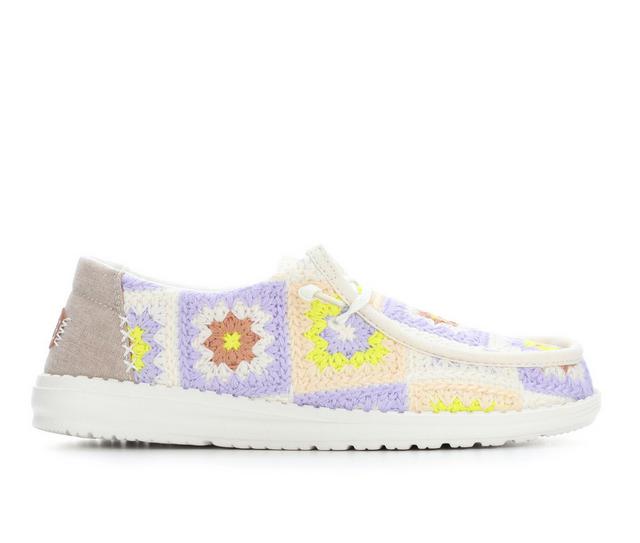 Women's HEYDUDE Wendy Cottage Crochet Casual Shoes in Egret/Lavender color