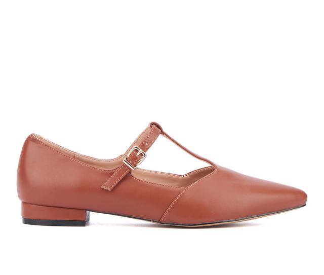 Women's New York and Company Vlada T-Strap Mary Jane Flats in Cognac color