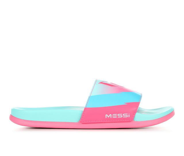 Girls' Adidas Little Kid & Big Kid Adilette Comfort Messi Sport Slides in Aqua/Pink color