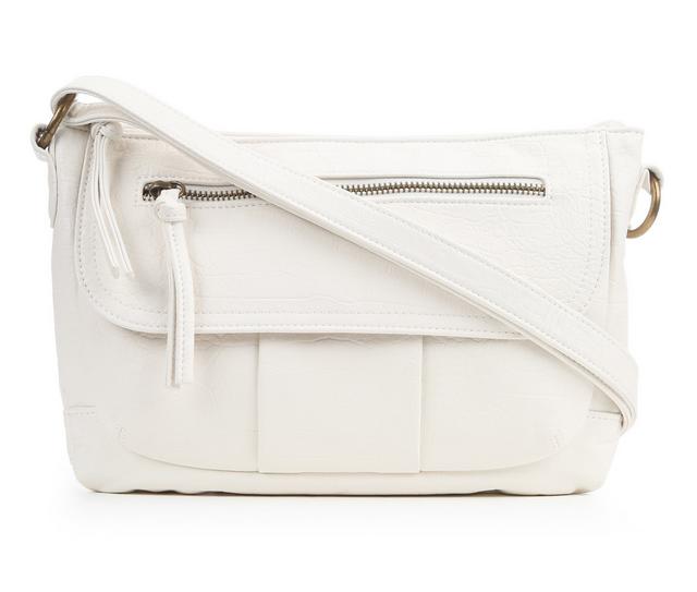 Bueno Of California Waxy Croc Flap Crossbody Handbag in White color