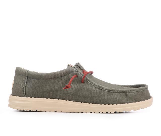 Men's HEYDUDE Wally Waxed Canvas Casual Shoes in Olive color