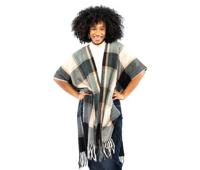 AW Items Checkered Brushed Kimono with Fringe in Blakc/Camel color