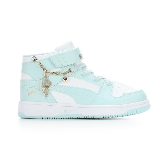 Girls' Puma Little Kid Rebound Layup Bling Sneakers in White/Aqua color