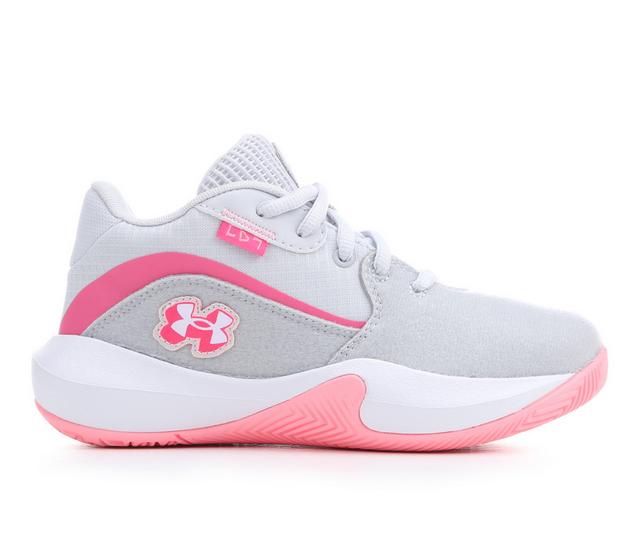 Girls' Under Armour Little Kid Lockdown 7 Patches Basketball Shoes in Halo Grey/Pink color