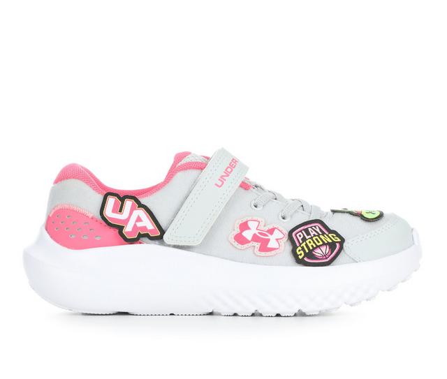 Girls' Under Armour Little Kid Surge 4 Patches Running Shoes in Halo Grey/Pink color