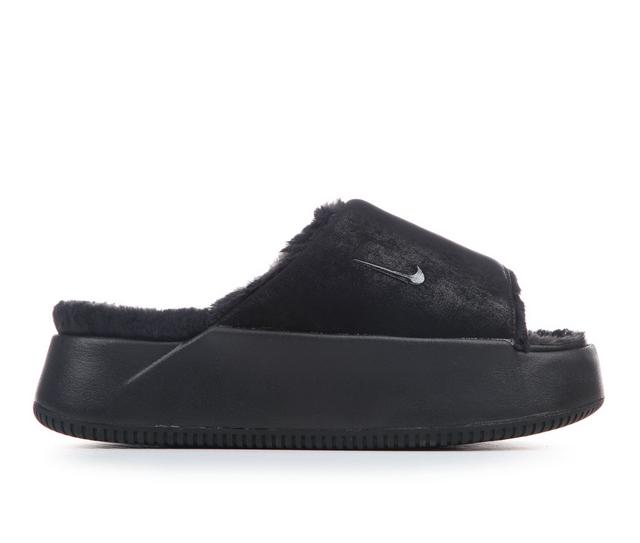 Women's Nike Wmns Calm Elevation Fur Slides in Black/Black color