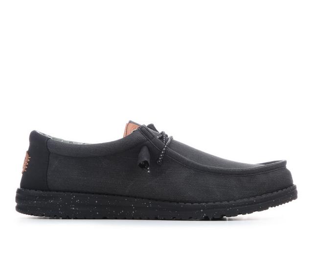 Men's HEYDUDE Wally Washed Canvas Casual Shoes in Black/Black color