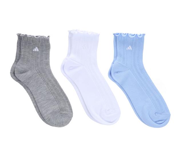 Adidas 3 Pack Womens Ruffle Quarter Socks in Grey/Wht/Blue color