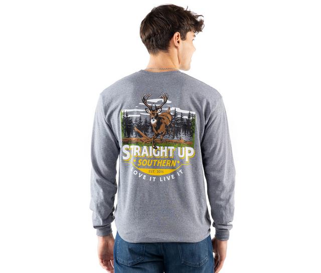 STRAIGHT UP SOUTHERN Timber Deer Long Sleeve Tee in GRAPHITE HTHR color