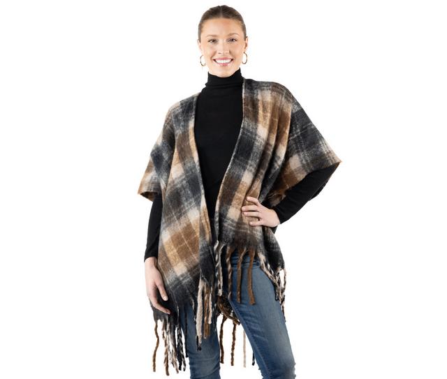 AW Items Plaid Fringe Kimono in BROWN color