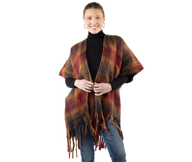 AW Items Plaid Fringe Kimono in BURGUNDY color
